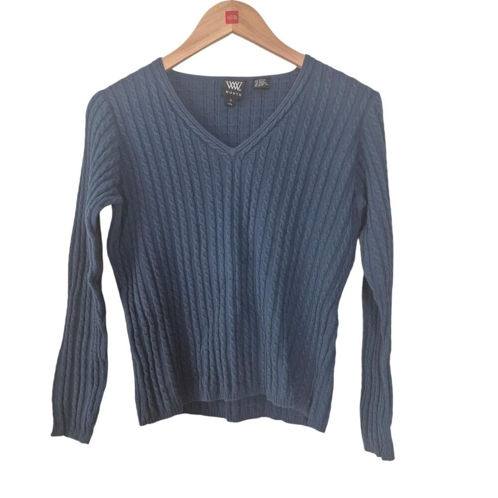 W by Worth Navy Blue Cable Knit Fisherman Sweater Preppy Vintage Size Small